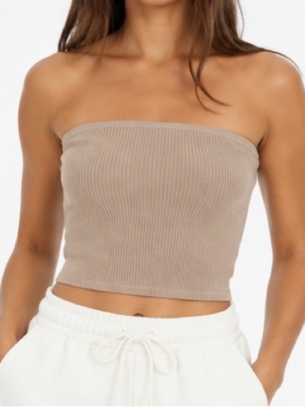 Babaton Aritzia Taupe Ribbed Knit Strapless Tube Top S Stretchy Cropped